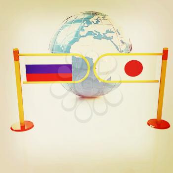 Three-dimensional image of the turnstile and flags of Japanese and Russia on a white background . 3D illustration. Vintage style.