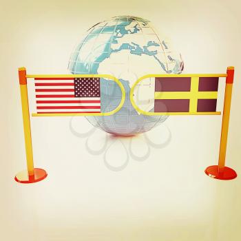 Three-dimensional image of the turnstile and flags of USA and Sweden on a white background . 3D illustration. Vintage style.