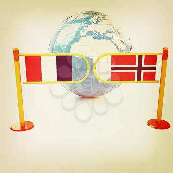 Three-dimensional image of the turnstile and flags of France and Norway on a white background . 3D illustration. Vintage style.