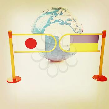Three-dimensional image of the turnstile and flags of Japan and Ukraine on a white background . 3D illustration. Vintage style.