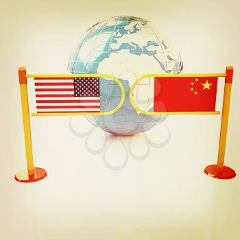 Three-dimensional image of the turnstile and flags of USA and China on a white background . 3D illustration. Vintage style.