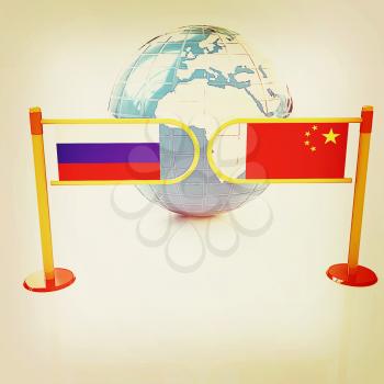 Three-dimensional image of the turnstile and flags of China and Russia on a white background . 3D illustration. Vintage style.