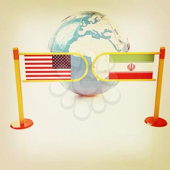 Three-dimensional image of the turnstile and flags of USA and Iran on a white background . 3D illustration. Vintage style.
