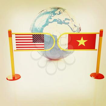 Three-dimensional image of the turnstile and flags of USA and Vietnam on a white background . 3D illustration. Vintage style.