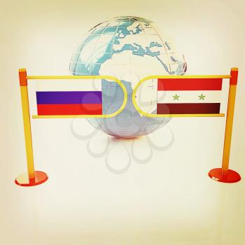 Three-dimensional image of the turnstile and flags of Russia and Syria on a white background . 3D illustration. Vintage style.