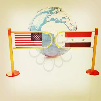 Three-dimensional image of the turnstile and flags of USA and Syria on a white background . 3D illustration. Vintage style.