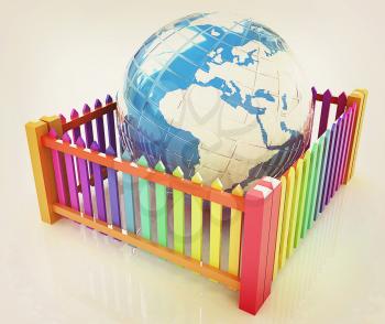Web protection concept. Earth closed colorfull fence on a white background. 3D illustration. Vintage style.