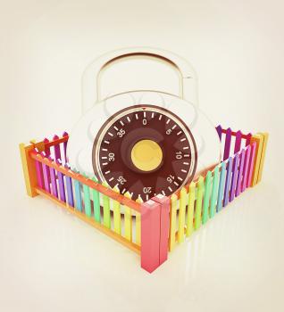 Protection concept.Lock closed colorfull fence on a white background. 3D illustration. Vintage style.