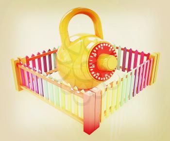 Protection concept.Lock closed colorfull fence on a white background. 3D illustration. Vintage style.