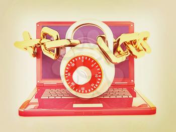 Laptop with chains and lock.3d illustration on white isolated background. . 3D illustration. Vintage style.