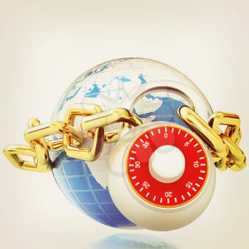 Earth globe close in chain and padlock on a white background. 3D illustration. Vintage style.