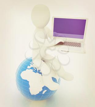 3d man sitting on earth and working at his laptop on a white background. 3D illustration. Vintage style.