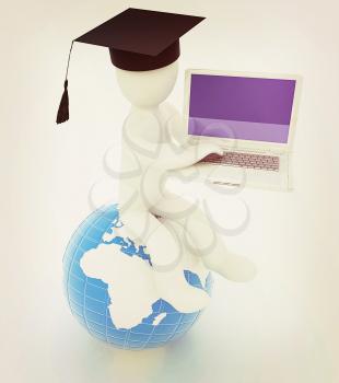 3d man in graduation hat sitting on earth and working at his laptop on a white background. 3D illustration. Vintage style.