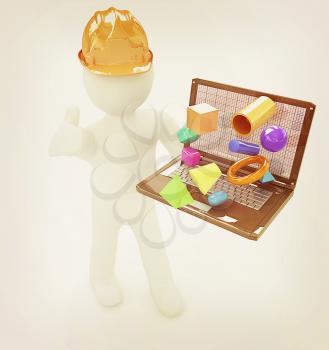 3D small people - an engineer with the laptop presents 3D capabilities on a white background. 3D illustration. Vintage style.