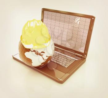 Hard hat and earth on a laptop on a white background. 3D illustration. Vintage style.