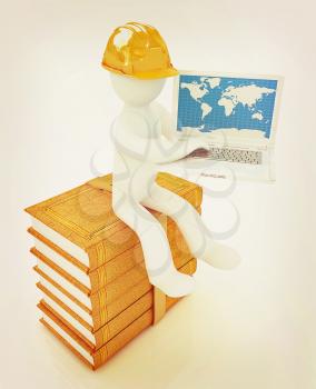 3d man in hard hat sitting on books and working at his laptop on a white background. 3D illustration. Vintage style.