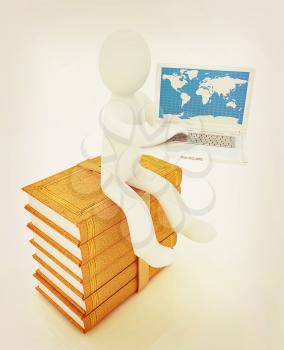 3d man sitting on books and working at his laptop on a white background. 3D illustration. Vintage style.