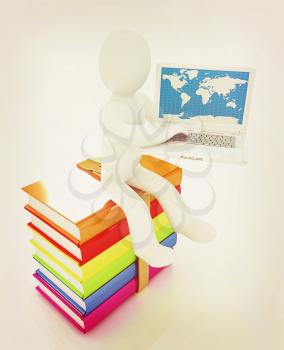 3d man sitting on books and working at his laptop on a white background. 3D illustration. Vintage style.