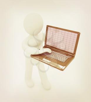 3d man with laptop on a white background. 3D illustration. Vintage style.