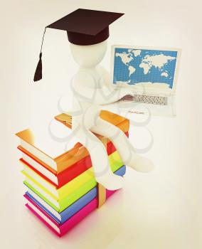 3d man in graduation hat with laptop sits on a colorful glossy boks on a white background. 3D illustration. Vintage style.