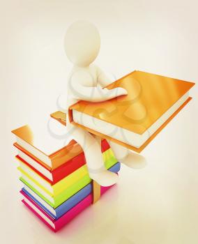 3d man sitting on books and keeps at his book on a white background. 3D illustration. Vintage style.