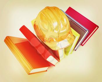 Colorful books and hard hat on a white background. 3D illustration. Vintage style.