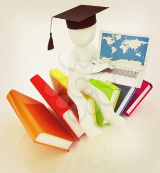 3d man in graduation hat sitting on books and working at his laptop on a white background. 3D illustration. Vintage style.