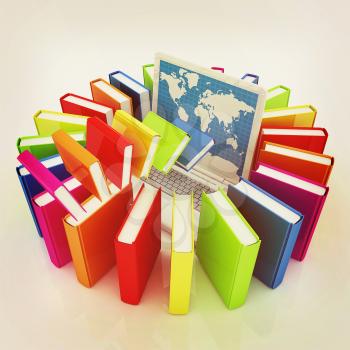 Colorful books flying and laptop on a white background. 3D illustration. Vintage style.