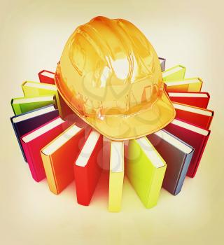 Colorful books and hard hat on a white background. 3D illustration. Vintage style.