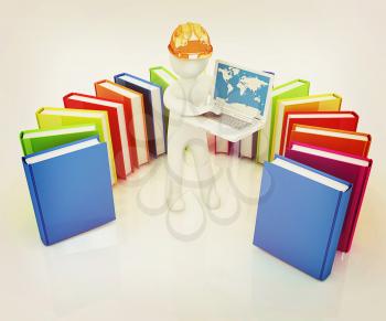3d man in hard hat working at his laptop and books on a white background. 3D illustration. Vintage style.