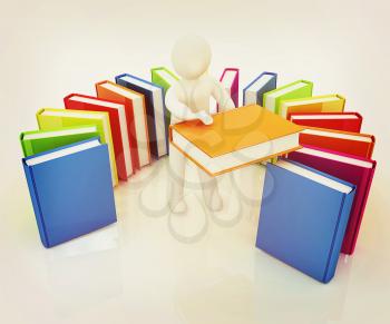 3d white man with and books on a white background. 3D illustration. Vintage style.