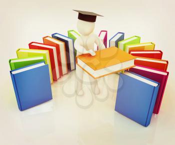 3d white man in a graduation hat with useful books - best gift a student on a white background. 3D illustration. Vintage style.