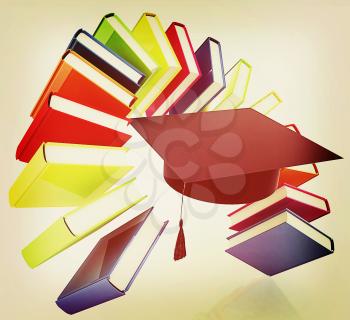Colorful books like the rainbow and graduation hat on a white background. 3D illustration. Vintage style.