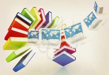 Laptops and books flying on a white background. 3D illustration. Vintage style.
