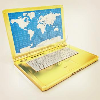 Gold laptop with world map on screen on a white background. 3D illustration. Vintage style.