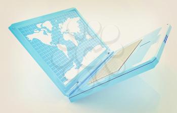 Laptop with world map on screen on a white background. 3D illustration. Vintage style.