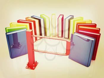 Colorful books in a semicircle and tourniquet to control. The concept of the exam on a white background. 3D illustration. Vintage style.