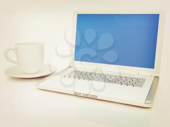3d cup and a laptop on a white background. 3D illustration. Vintage style.