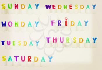 Set of 3d colorful cubes with white letters - days of the week on a white background. 3D illustration. Vintage style.