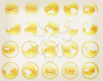 Set of yellow 3d globe icon with highlights on a white background. 3D illustration. Vintage style.