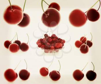 Set of fresh cherries on a white . 3D illustration. Vintage style.