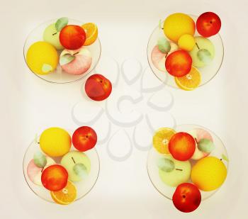 Set of citrus on a glass plate on a white . 3D illustration. Vintage style.