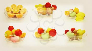 Set of citrus on a glass plate on a white. 3D illustration. Vintage style.