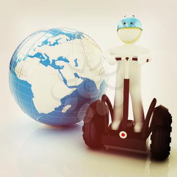 3d white person riding on a personal and ecological transport and earth.Global ecology and healthy life concept.3d image. . 3D illustration. Vintage style.