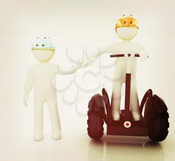 3d people in riding on a personal and ecological transport in helmet and holding hands. Concept of partnership. 3D illustration. Vintage style.