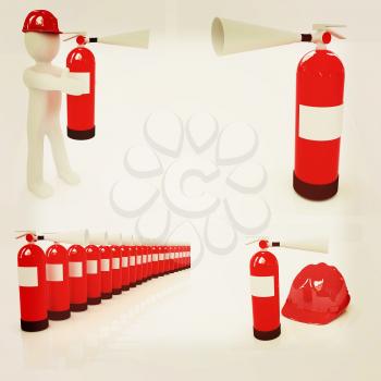Fire extinguisher set on a white background. 3D illustration. Vintage style.