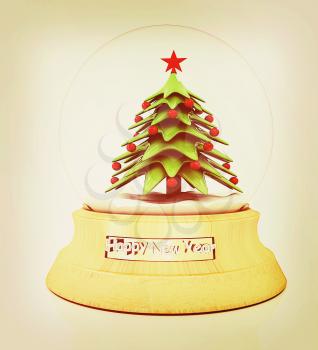 Christmas Snow globe with the falling snow and christmas tree on a white background. 3D illustration. Vintage style.