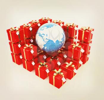 Traditional Christmas gifts and earth on a white background. Global holiday concept. 3D illustration. Vintage style.