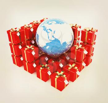 Traditional Christmas gifts and earth on a white background. Global holiday concept. 3D illustration. Vintage style.