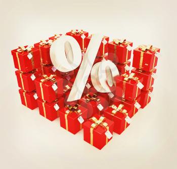 Percentage and gifts on a white background. 3D illustration. Vintage style.